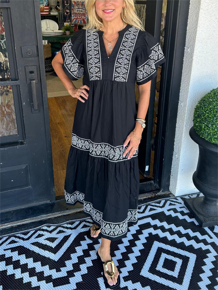 Elegant Bohemian V-Neck Women's Midi Dress