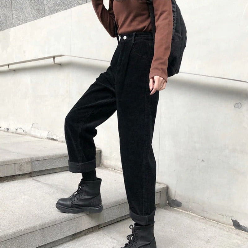 High-Quality Women's Corduroy Pants with High Waist - Straight Fit