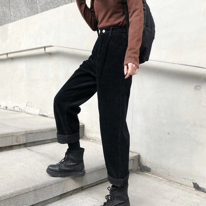 High-Quality Women's Corduroy Pants with High Waist - Straight Fit