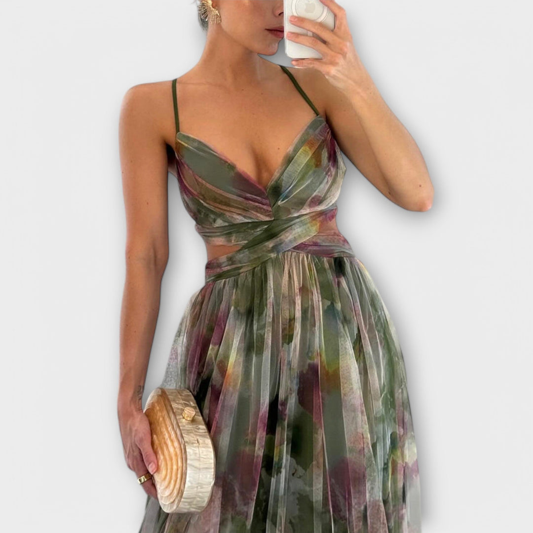 Elegant Women's Printed Mesh Maxi Dress - Figure-Hugging Fit