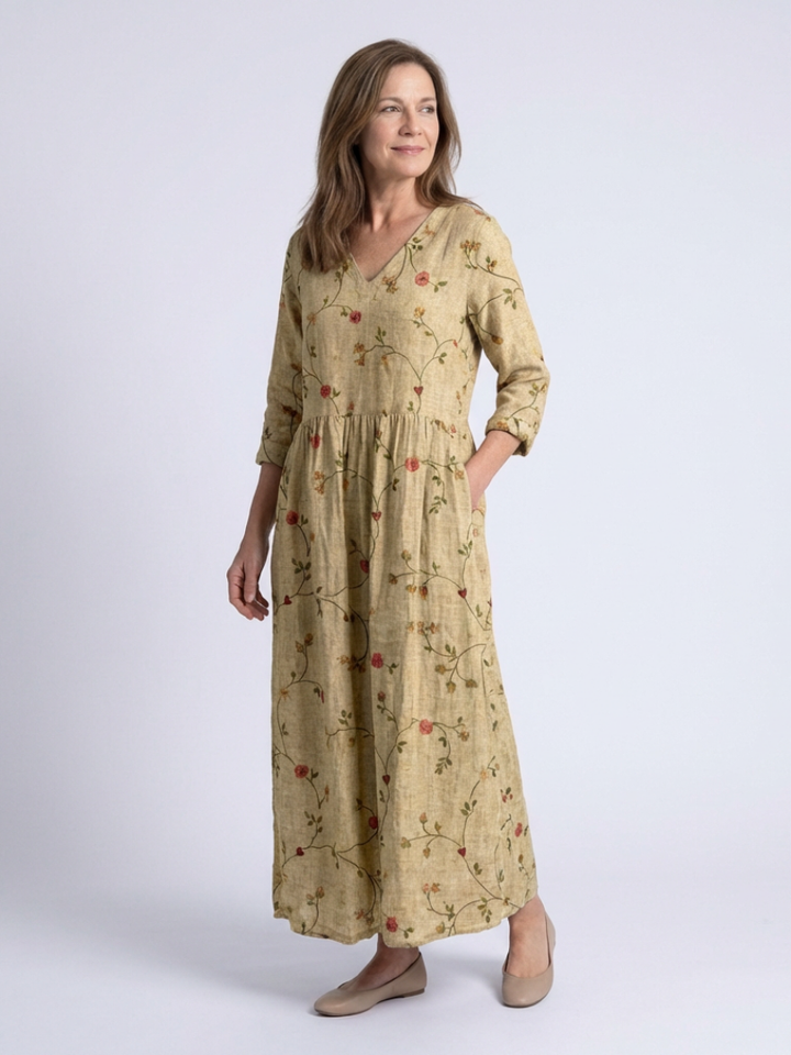 Elegant Breathable Women's Floral V-Neck Three Quarter Sleeve Maxi Dress
