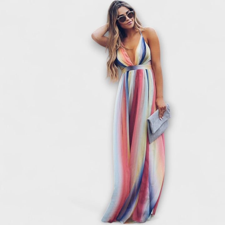 Multicolor Striped Women's Maxi Dress with V-Neck - Elegant Summer Dress