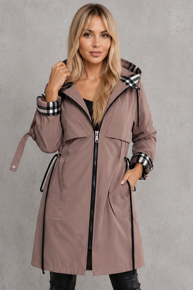 Waterproof Hooded Women's Jacket with Check Trim
