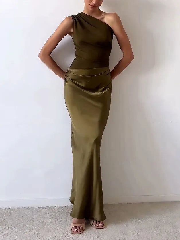 Elegant One Shoulder Pleated Women's Party Maxi Dress