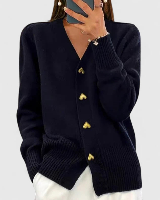 Women's Elegant Knit Cardigan with Heart Buttons