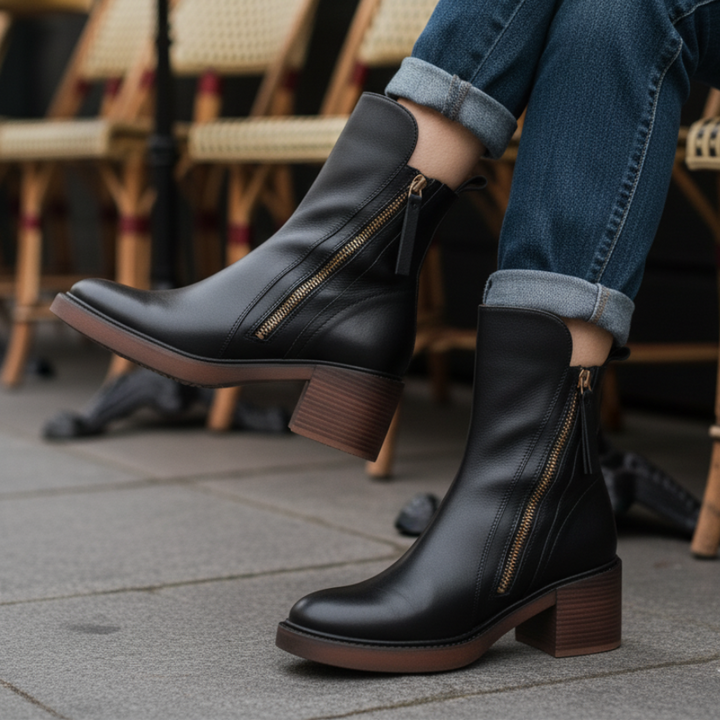 Elegant Women's Leather Ankle Boots with Block Heel - Comfortable Ankle Boots