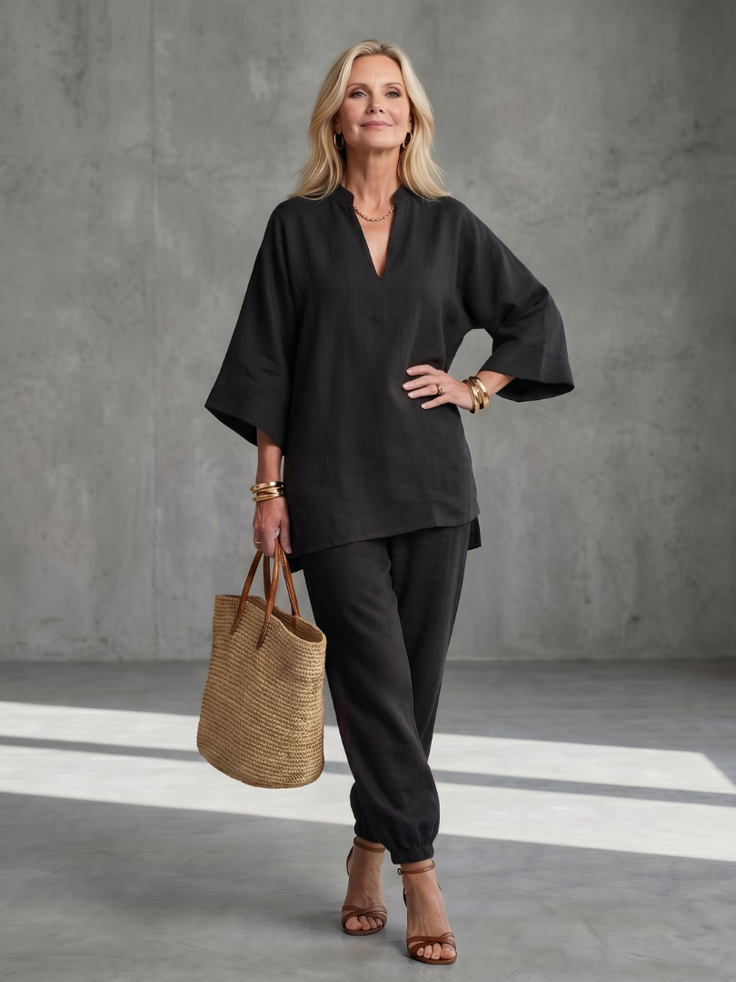 Elegant Relaxed Women's V-Neck Tunic & Gathered Trouser Set