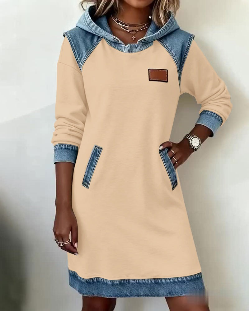 Women's Casual Hoodie Dress with Denim Inserts