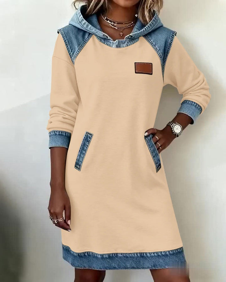 Women's Casual Hoodie Dress with Denim Inserts