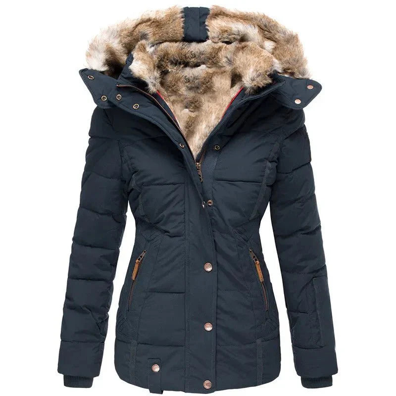 Women's Winter Jacket with Faux Fur Hood - Warm Quilted Jacket Fitted