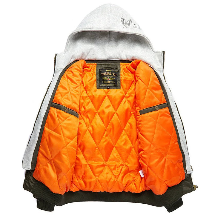 Men's Hooded Bomber Jacket - Military Style Windbreaker with Multiple Pockets