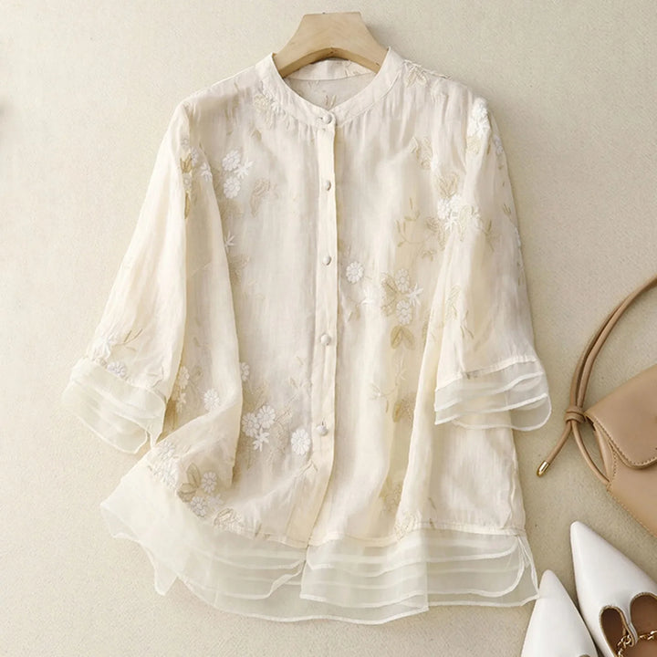 Elegant Women's Blouse with Floral Embroidery and Mesh Details - Airy Linen Blend
