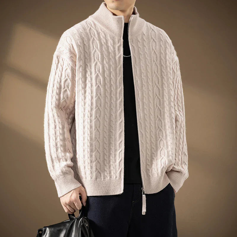 Men's Zip Cardigan with Textured Knit - High Collar