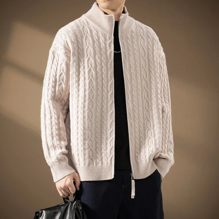 Men's Zip Cardigan with Textured Knit - High Collar