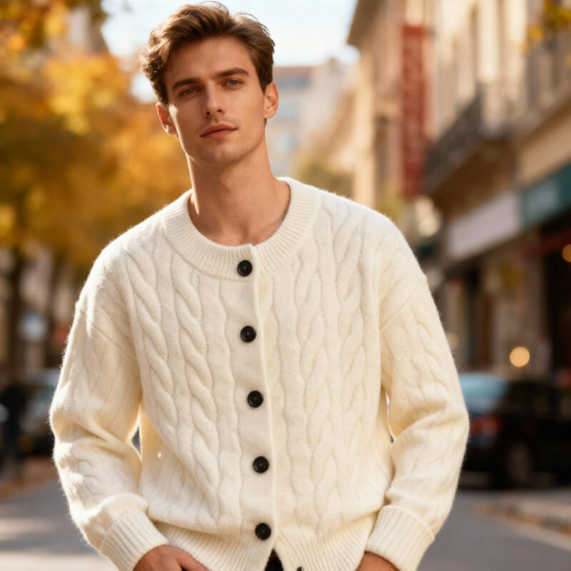 Classic Men's Cable Knit Cardigan with Button Placket