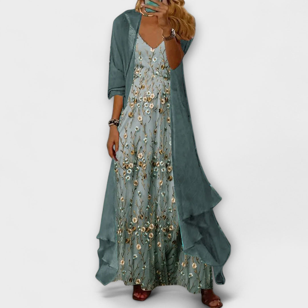 Elegant Women's Maxi Dress with Jacket - 2-Piece Set with Floral Pattern