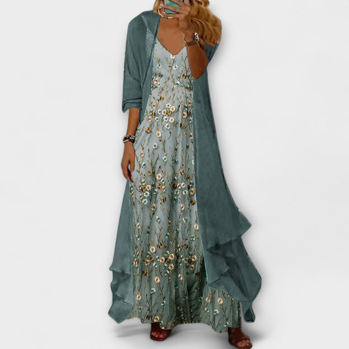 Elegant Women's Maxi Dress with Jacket - 2-Piece Set with Floral Pattern