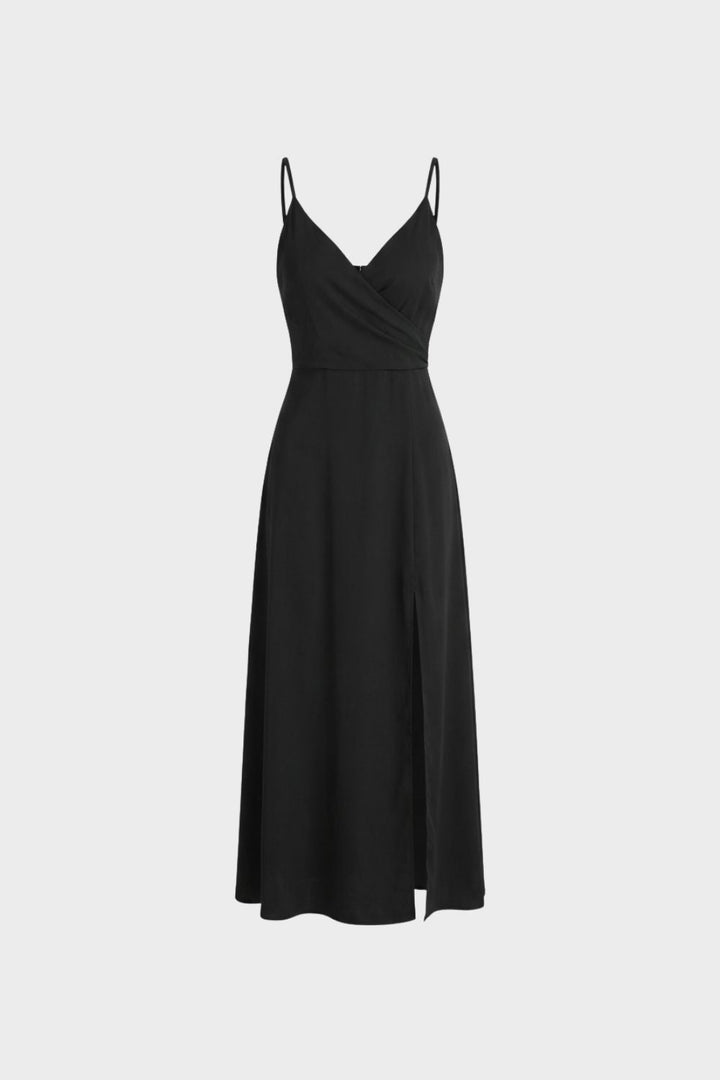 Damen Maxikleid Schwarz – Rückansicht mit feinen Trägern und tailliertem Schnitt