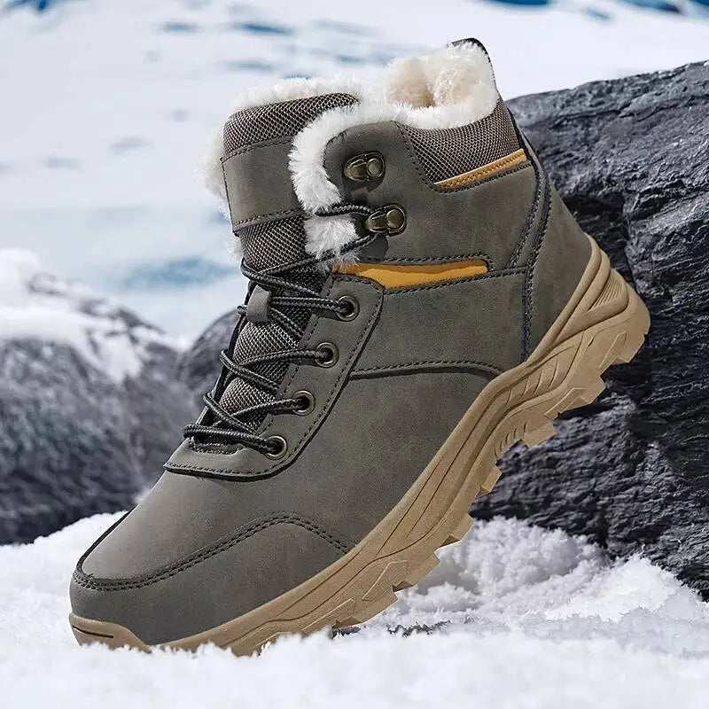 Men's Warm Winter Boots with Faux Fur Upper - Ankle-High Lace-Up Boots