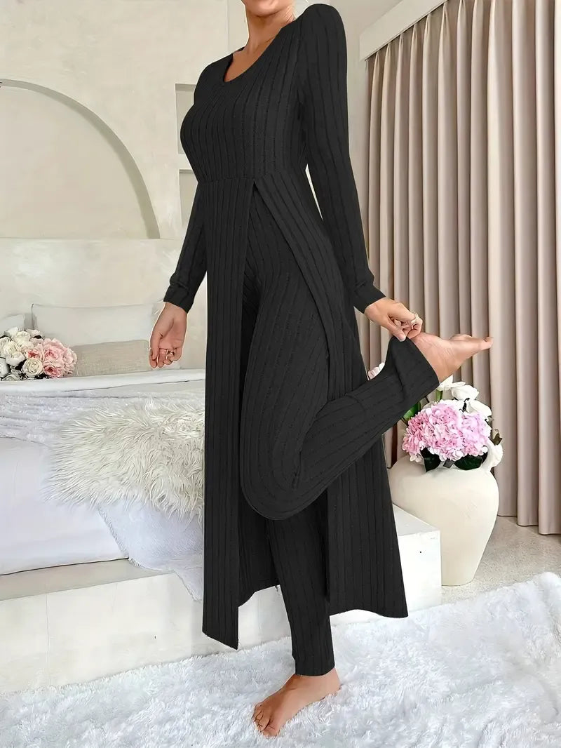 Women's Ribbed Set in Soft Rib Knit - Long Sleeve Top with Matching Pants