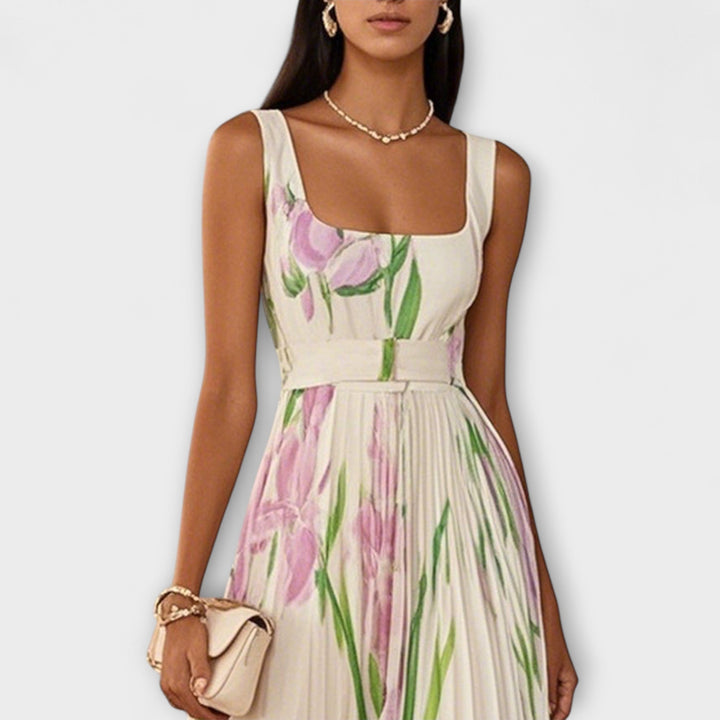 Elegant Women's Floral Chiffon Maxi Dress with A-Line Silhouette