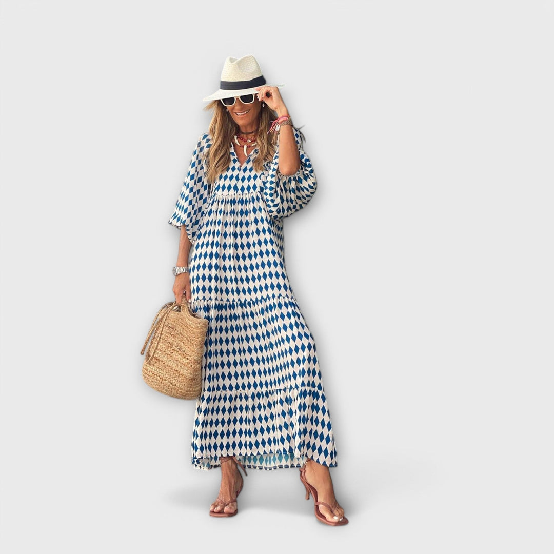 Elegant Women's Maxi Dress with Geometric Pattern - Relaxed Fit with V-Neckline