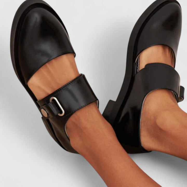 Elegant Women's Shoes with Metal Buckle and Low Heel - Black