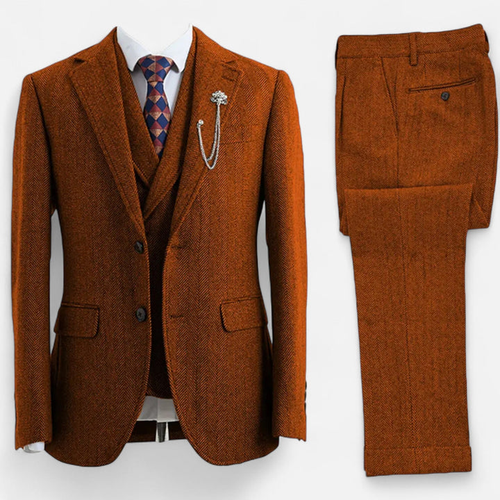 Elegant Tweed Herringbone Men's Suit Three-Piece Double-Breasted