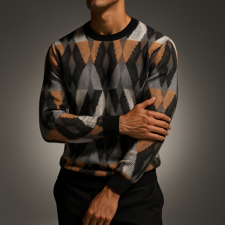 Men's Textured Pullover with Geometric Lines - Lightweight Knit