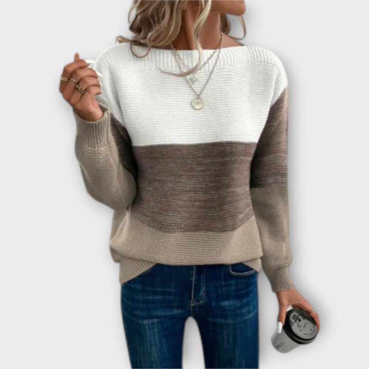 Women's Three-Color Patchwork Sweater - Elegant Knit Pullover with Modern Design