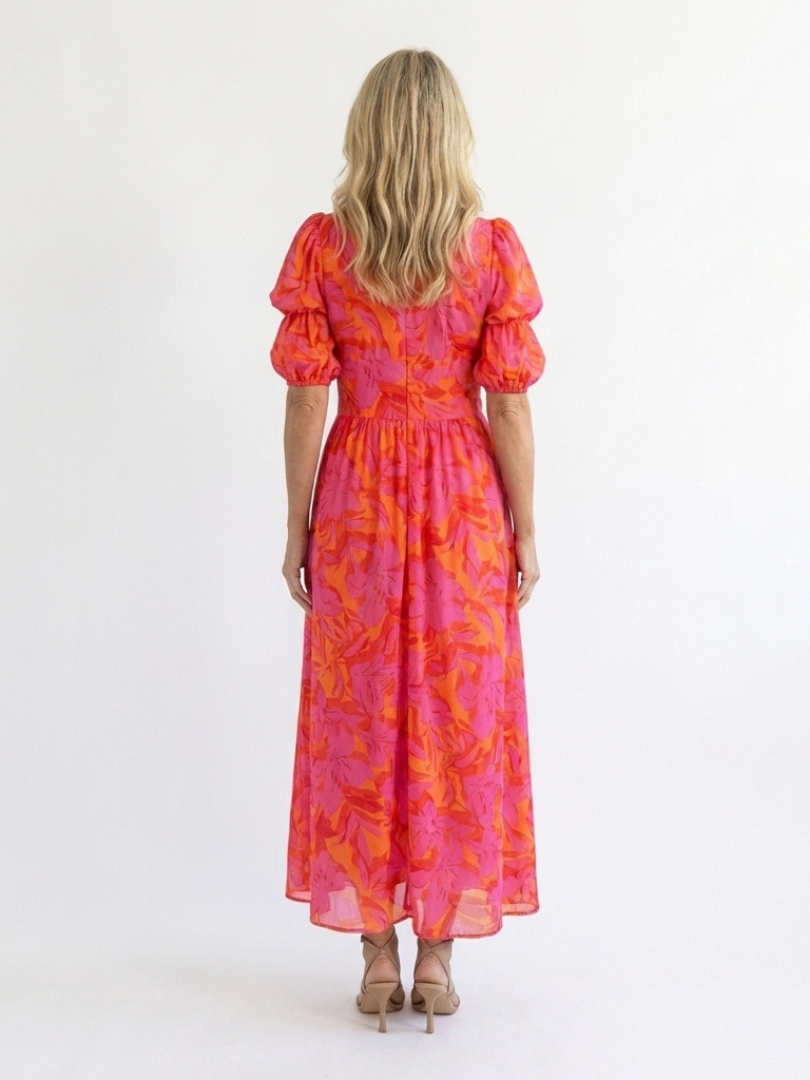 Elegant Floral Women's V-Neck Puff Sleeve Midi Dress