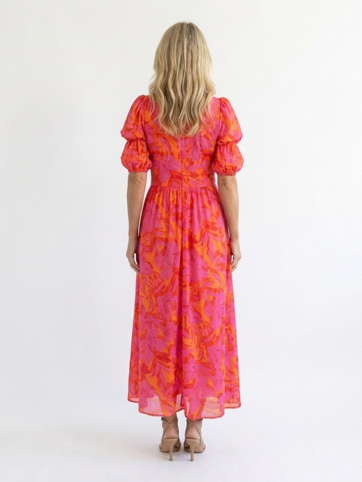 Elegant Floral Women's V-Neck Puff Sleeve Midi Dress