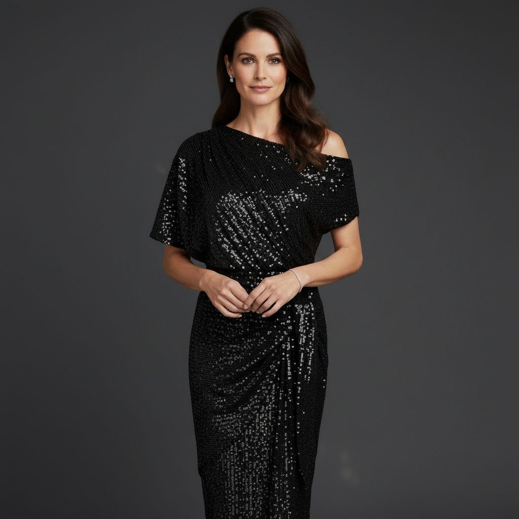 Elegant Sequin Cocktail Dress for Women with Asymmetric Shoulder