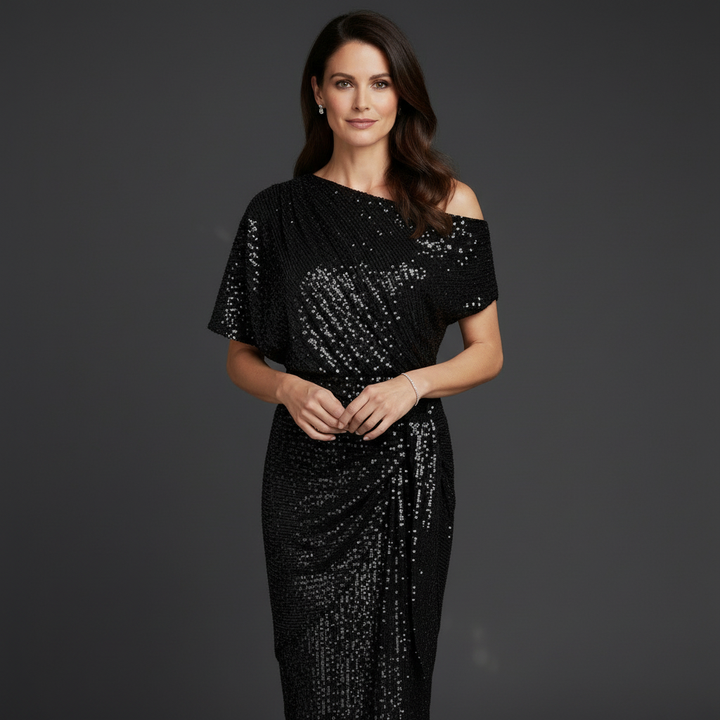 Elegant Sequin Cocktail Dress for Women with Asymmetric Shoulder