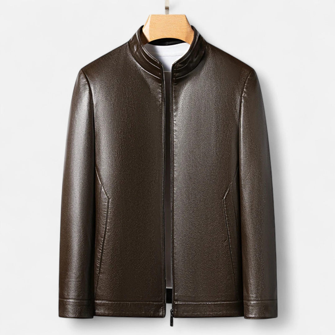 Elegant PU Leather Men's Jacket with Stand Collar