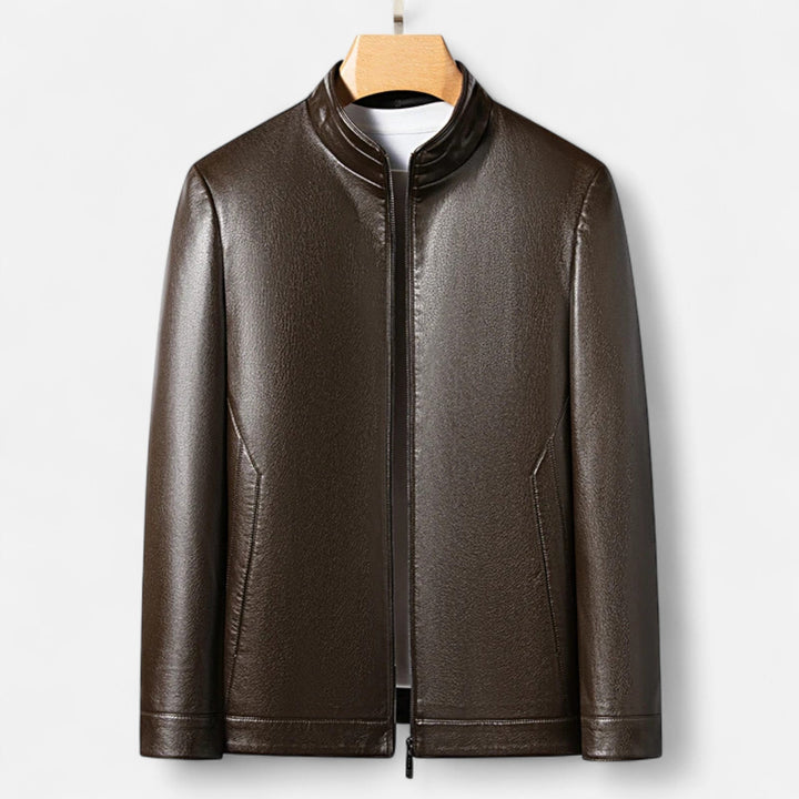 Elegant PU Leather Men's Jacket with Stand Collar