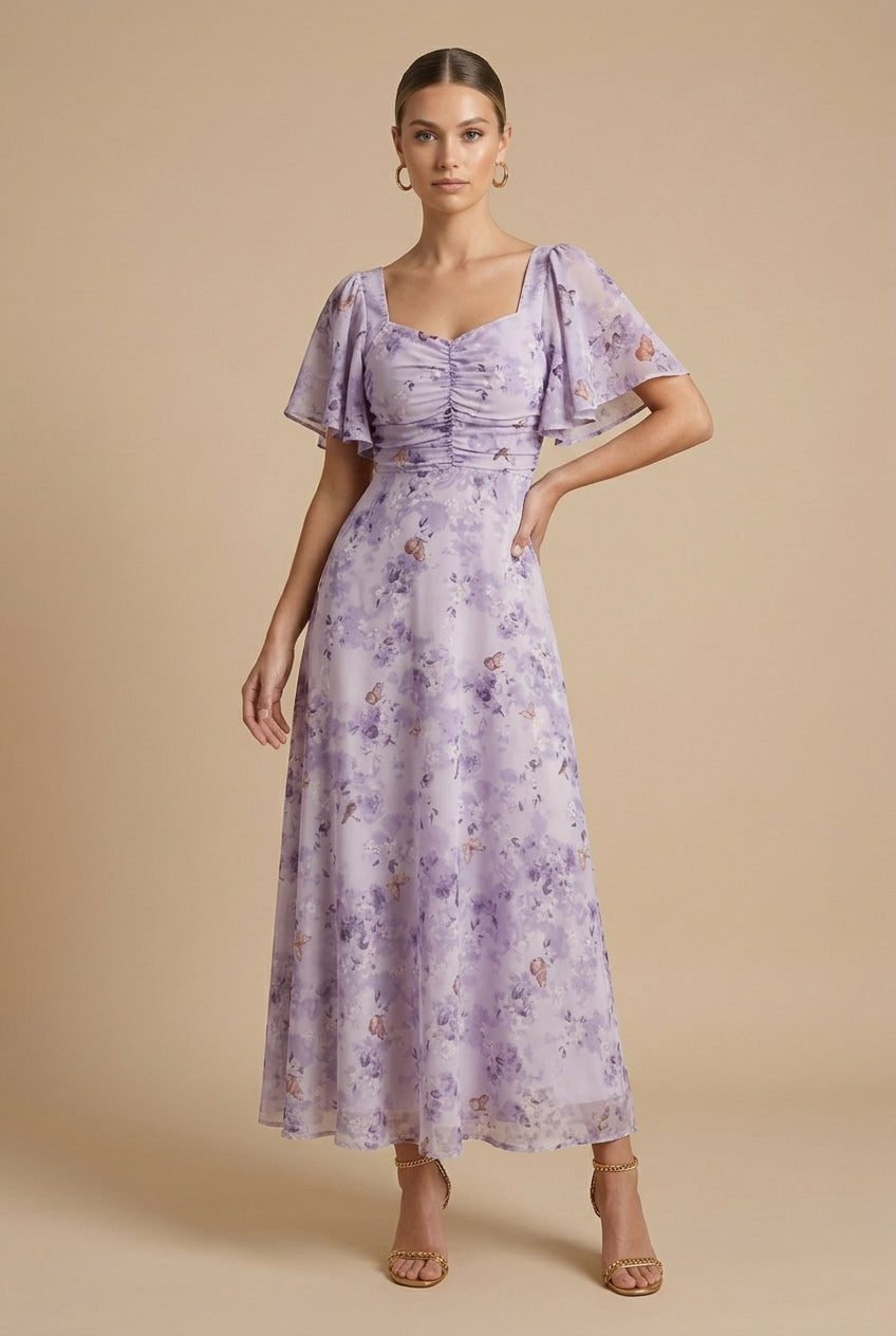 Elegant Floral Women's Maxi Dress with Puff Sleeves