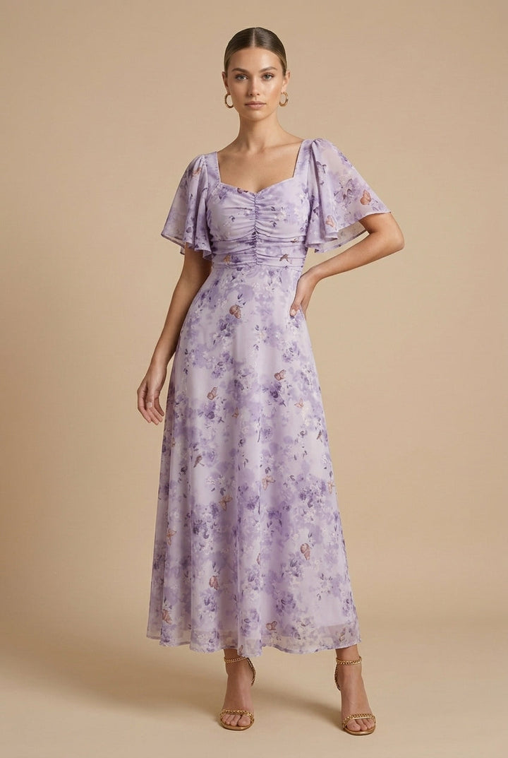 Elegant Floral Women's Maxi Dress with Puff Sleeves