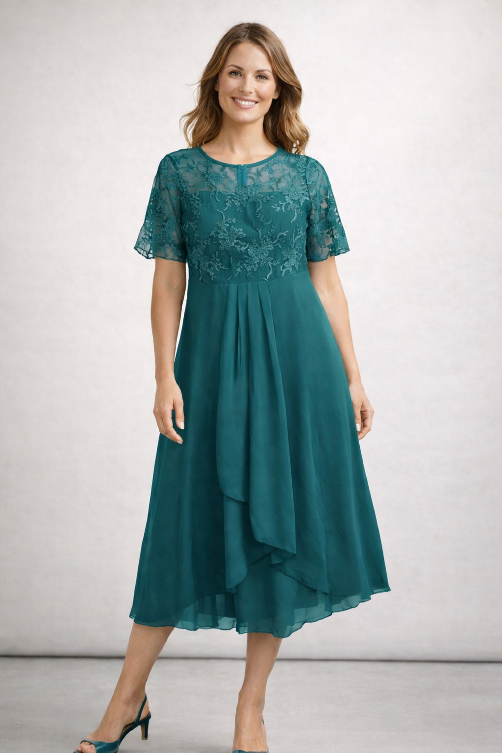 Elegant Lace & Chiffon Short Sleeve Women's Midi Dress