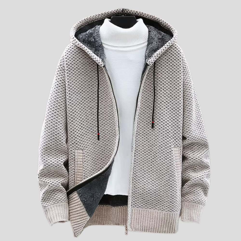 Men's Knit Hoodie with Fleece Lining and Zipper