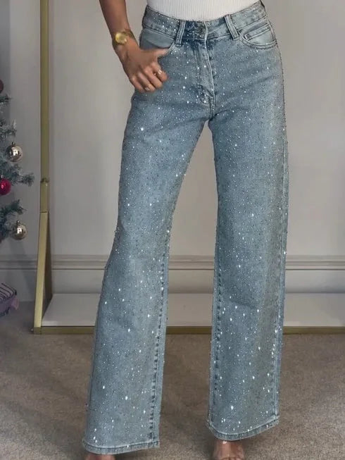 Women's Straight-Cut Jeans with Rhinestone Embellishment