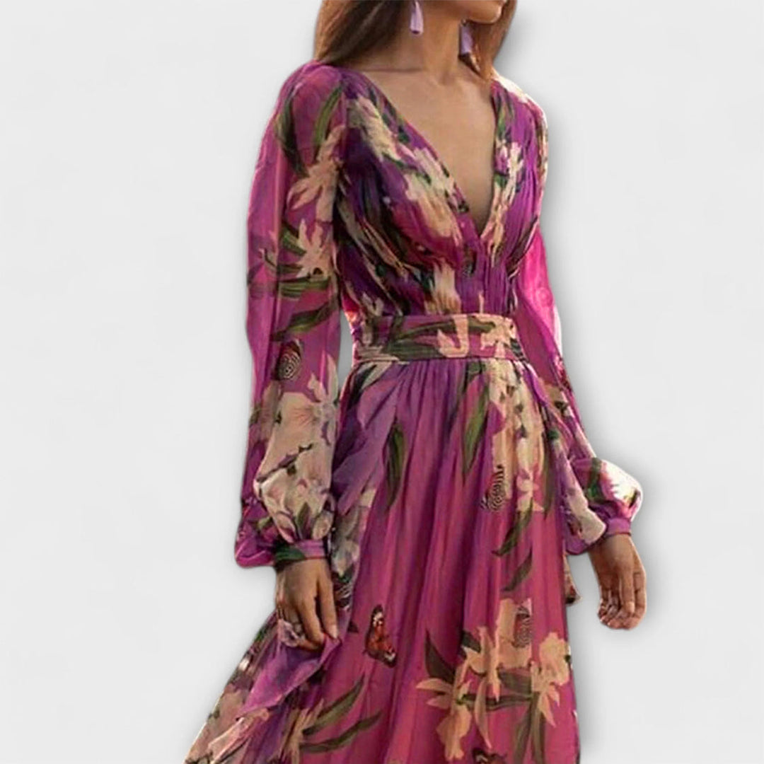 Elegant Women's Maxi Dress - Long Sleeve with V-Neck for Special Occasions