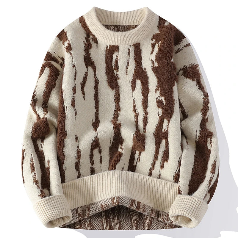 Men's Abstract Dune Pattern Knit Sweater - Crewneck Midweight Knit Pullover