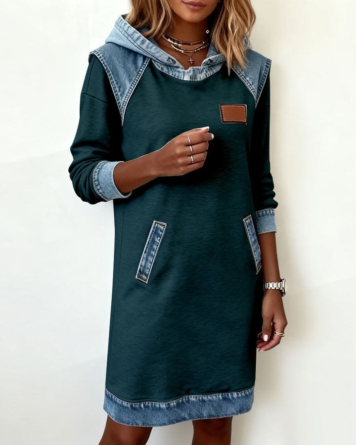 Women's Casual Hoodie Dress with Denim Inserts