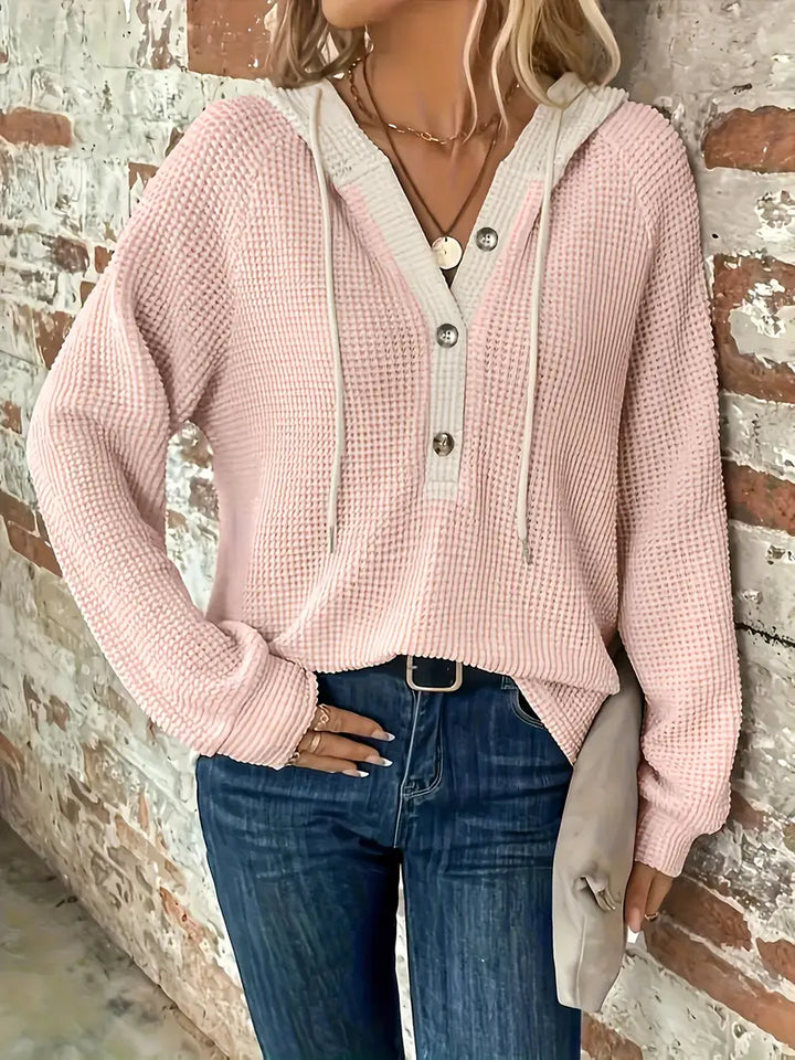 Women's Long Sleeve Hoodie with Front Buttons - Soft Waffle Knit Texture and Adjustable Hood