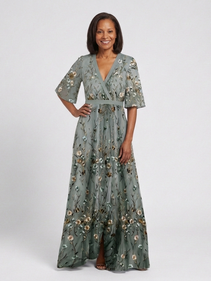 Elegant Floral Women's V-Neck Short Sleeve Maxi Dress