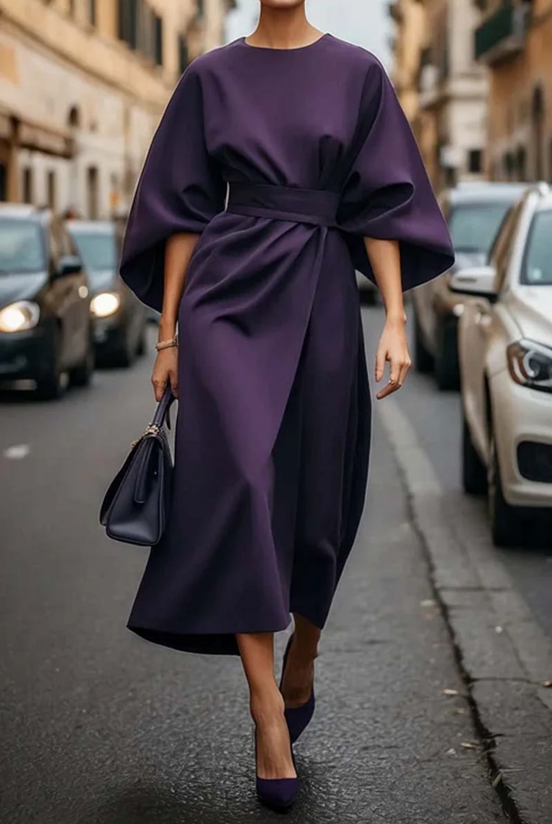 Elegant Women's Midi Dress with Lantern Sleeves - Figure-Hugging and Versatile