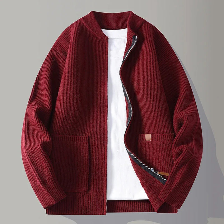 Men's Zip-Up Cardigan - Textured Ribbed Knit Design
