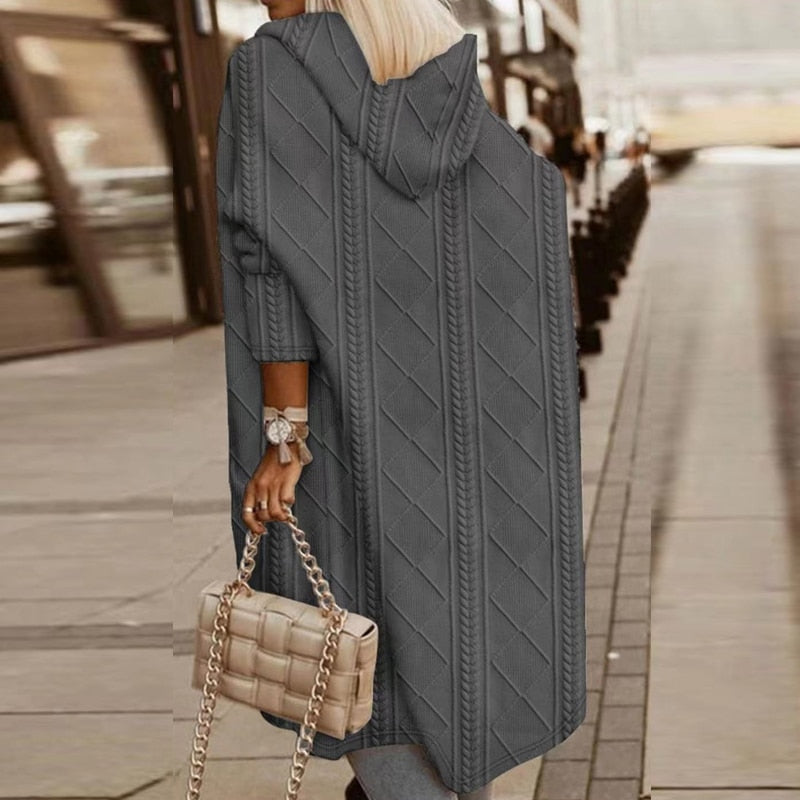 Women's Long Hooded Cardigan - Comfortable Knit Sweater with Relaxed Fit