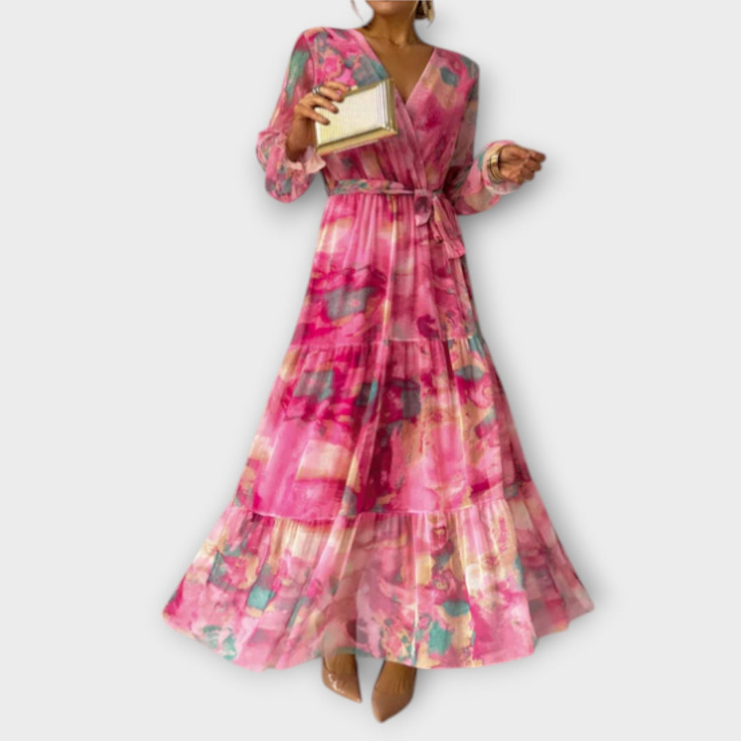 Elegant Women's Maxi Dress with Watercolor Pattern - Feminine Design for Special Occasions